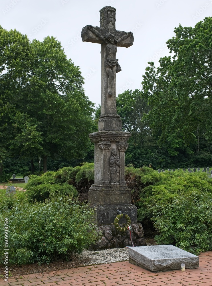 Bohonye, Hungary - Jun 2, 2023: German Second World War cemetery in Bohonye. There are 2080 graves here. Spring cloudy day. Selective focus. Bohonye, Hungary - Jun 2, 2023: German Second World War cemetery in Bohonye. There are 2080 graves here. Spring cloudy day. Selective focus.