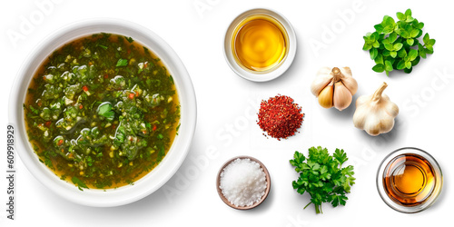 Chimichurri Sauce ingredients Parsley, oregano, garlic, vinegar, red pepper flakes, and olive oil.