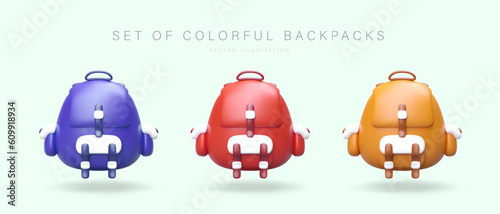 Set of 3D backpacks with shadows. Realistic shoulder bags in different colors, front view. Stylish youth accessories. Vector image of modern schoolbags