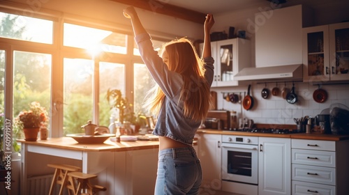 Rear view of a joyful girl dancing freely in her home, wearing a casual white vest and blue denim jeans. She has headphones on