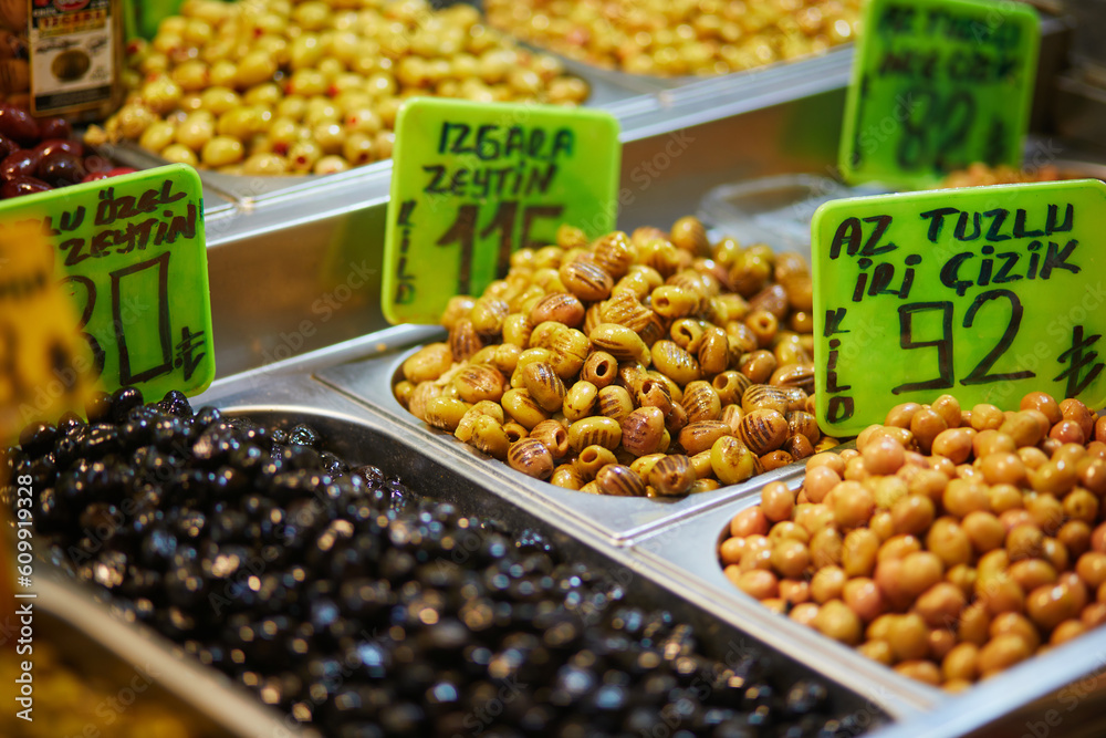 Marinated olives on street market in Uskudar, Asian side of Istanbul, Turkey