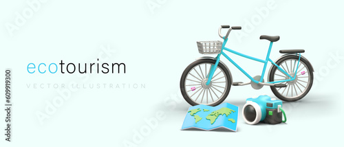 Advertising poster, ecotourism. Template with 3D bicycle, map, camera. Promotion of healthy lifestyle. Template for tour operators, guides. Selection of optimal routes, parking lots, locations