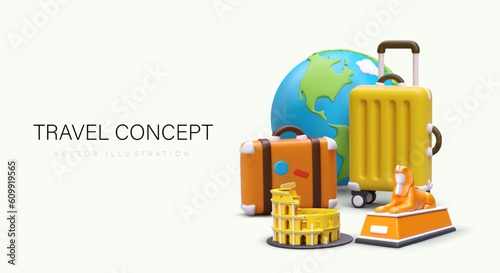 Travel concept for site. 3D Earth, suitcase, world sights. Family and group tours. Ready made poster with space for text. Realistic Great Sphinx, Colosseum. Vector template