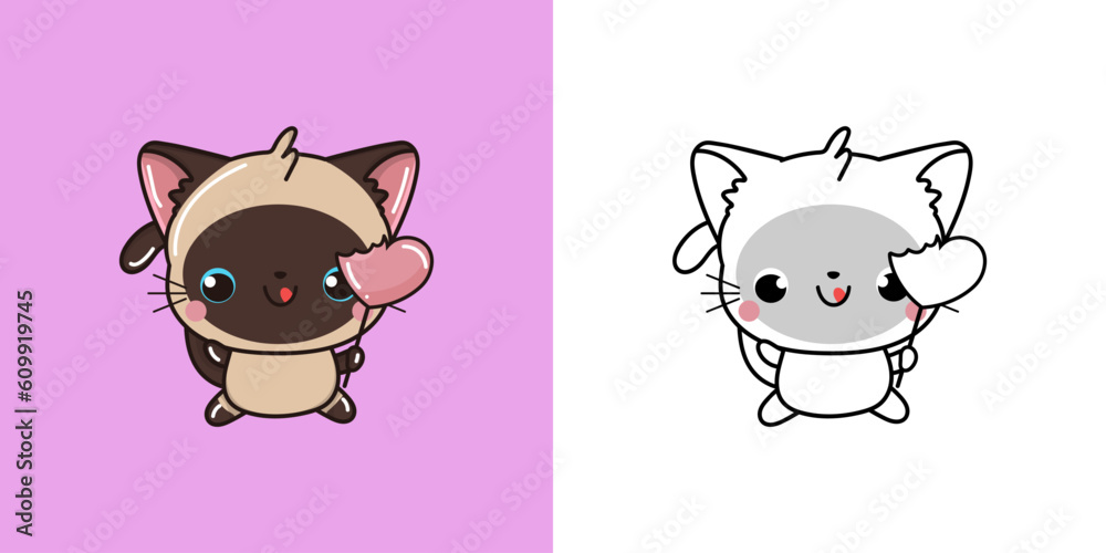 Siamese Cat Clipart for Coloring Page and Multicolored Illustration ...