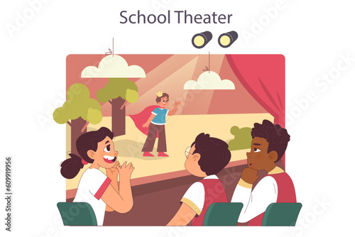 School drama club performance. Happy kids enjoying play together,