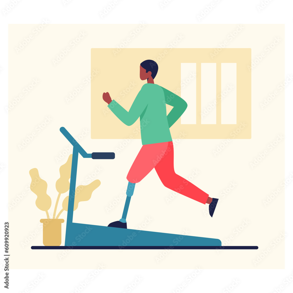 American sporty man with prosthetic leg running on treadmill. Recovery process of disabled man at home. Healthy active lifestyle for people with special needs concept. Flat vector illustration
