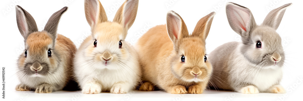 Four funny domestic rabbits isolated on a white background. Four rabbits are sitting next to each other and looking at the camera. Generative AI Four funny domestic rabbits isolated on a white background. Four rabbits are sitting next to each other and looking at the camera. Generative AI