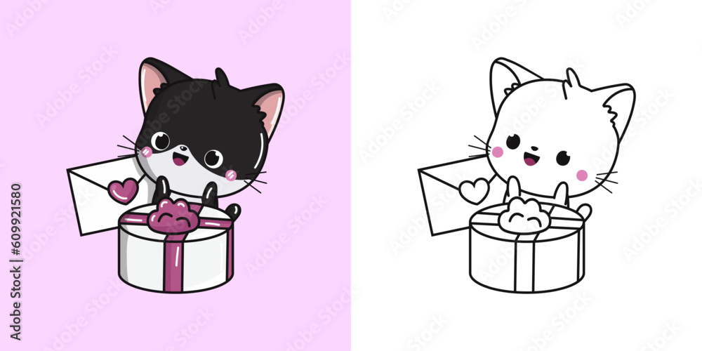 Set Clipart Cat Multicolored and Black and White. Kawaii Clip Art Kitty ...