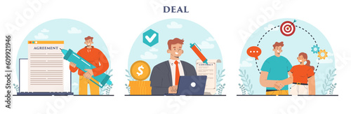 Deal concept set. Entrepreneurs setting an official contract. Idea of partnership