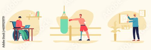 Life of people after injury, disability. Set of illustrations about inclusiveness. Man in wheelchair, disabled person without limbs, blind male character