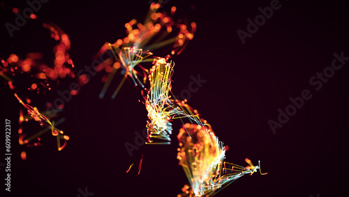 3D rendering of a colorful abstract stylish particle and plexus system on a dark background
