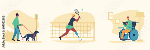 Set of people with special needs actively spend free time. Blind man holding dog leash and walking. Woman with prosthetic leg playing tennis. Man in wheelchair reading newspaper. Flat vector