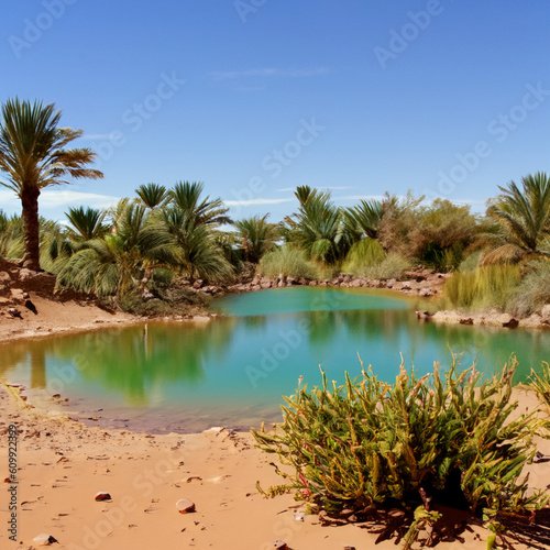 an oasis in the desert with palm trees  bushes and flowers and a lake in the middle