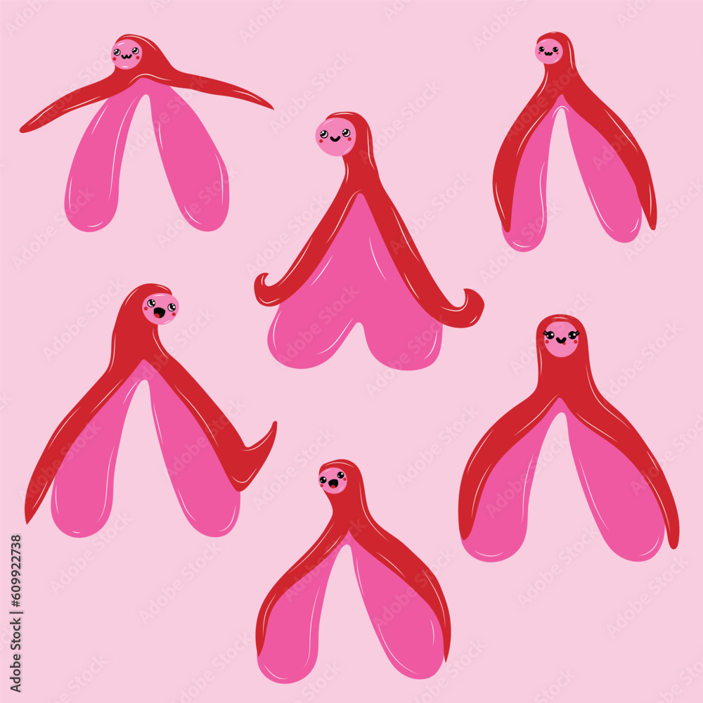 Set of Reproductive system of the clitoris with kawaii eyes. Clitoral