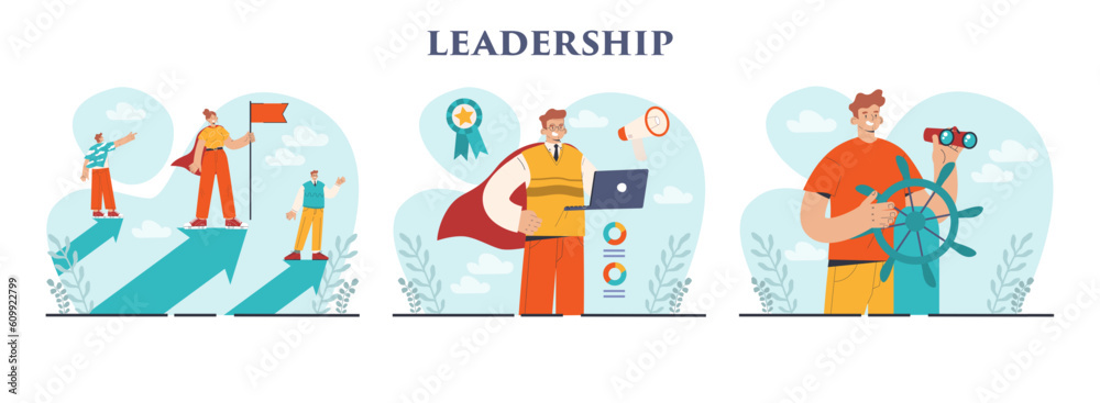 Leadership set. Manager leading a workteam towards success. Strategy Leadership set. Manager leading a workteam towards success. Strategy