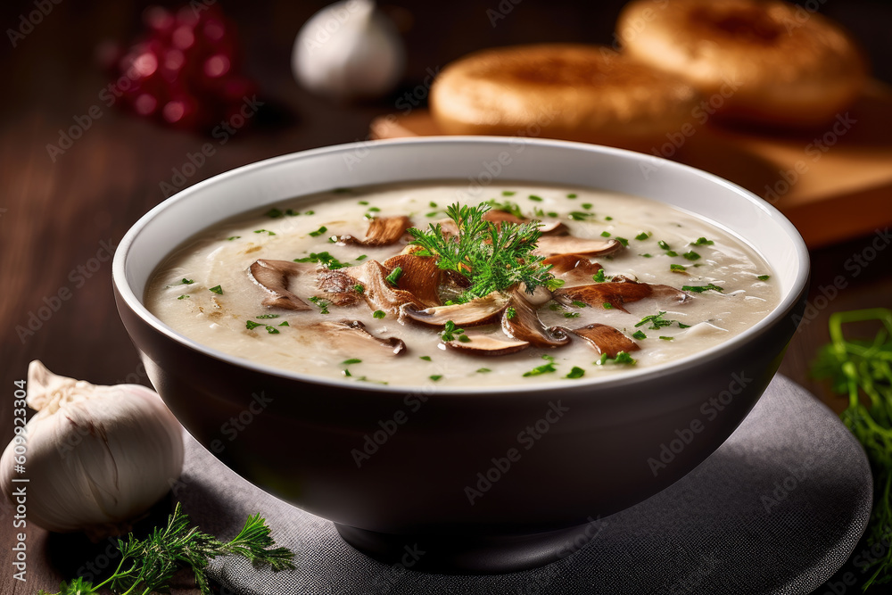 Vegetarian cream soup with mushrooms and spicy herbs, AI Generated