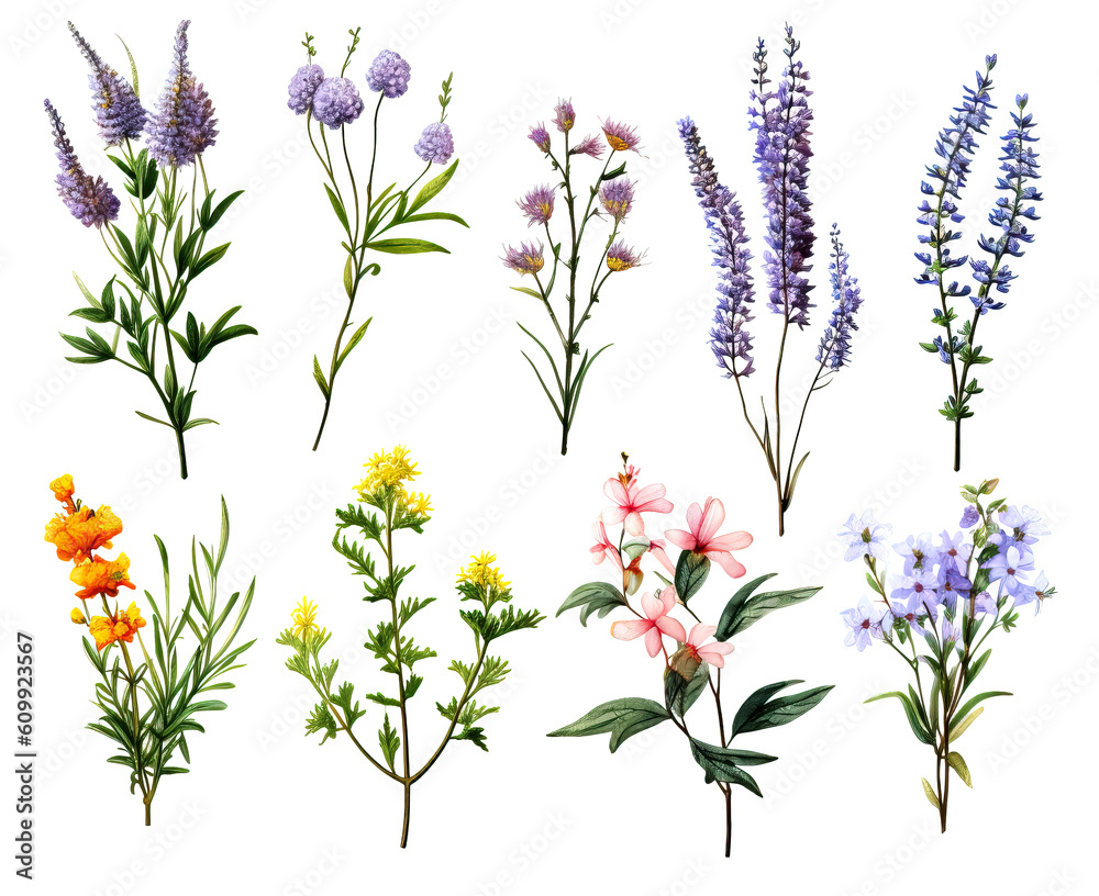 Fototapeta premium Drawn wild flowers on a white background.