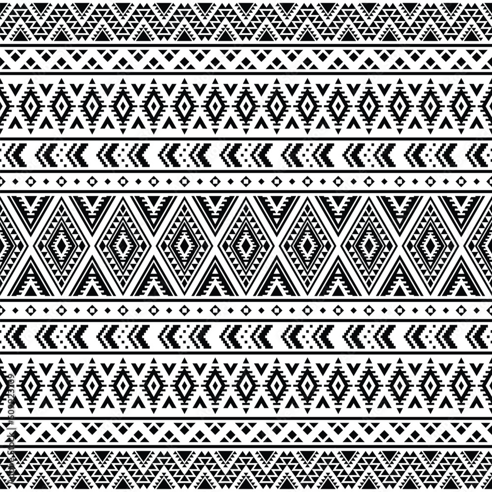Geometric vector illustration design. Seamless ethnic pattern. Tribal Aztec style. Black and white colors. Design for textile, fabric, clothes, curtain, rug, batik, ornament, wrapping, paper.
