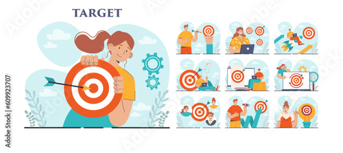 Target concept set. Ambitious characters aiming in target and shooting