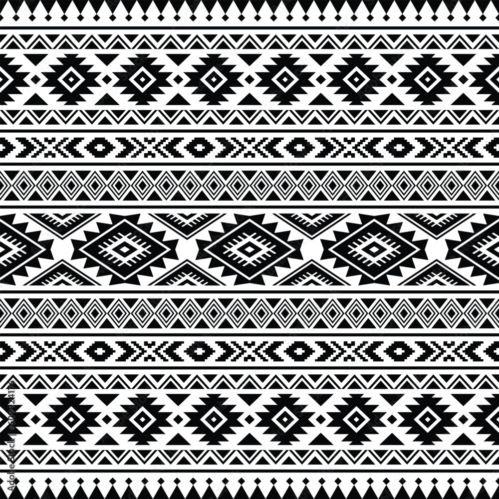 Geometric seamless tribal pattern in black and white colors. Aztec ethnic style print template for textile design, fabric, clothes, curtain, carpet, batik, ornament, wallpaper, wrapping, paper. Geometric seamless tribal pattern in black and white colors. Aztec ethnic style print template for textile design, fabric, clothes, curtain, carpet, batik, ornament, wallpaper, wrapping, paper.
