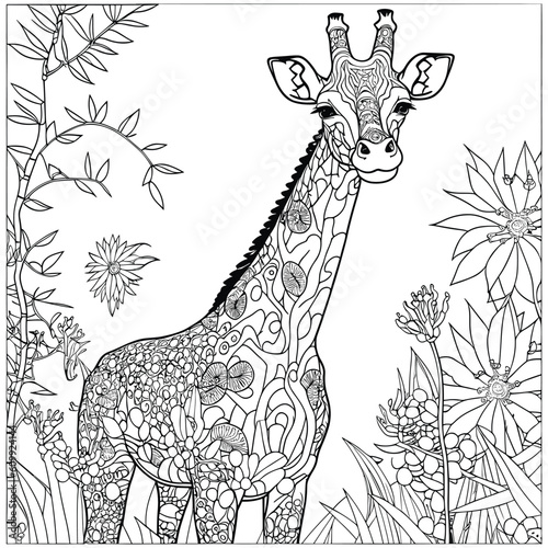 Giraffe in the jungle Flowers Adults Coloring Page 