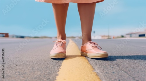 woman standing on a road with pink shoes with blue sky background
