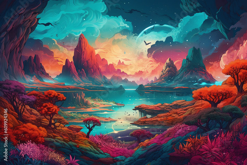 sunset over the sea fantasy landscape ai generative