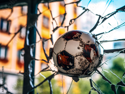 Soccer ball breaking a windows glass, generative AI illustration