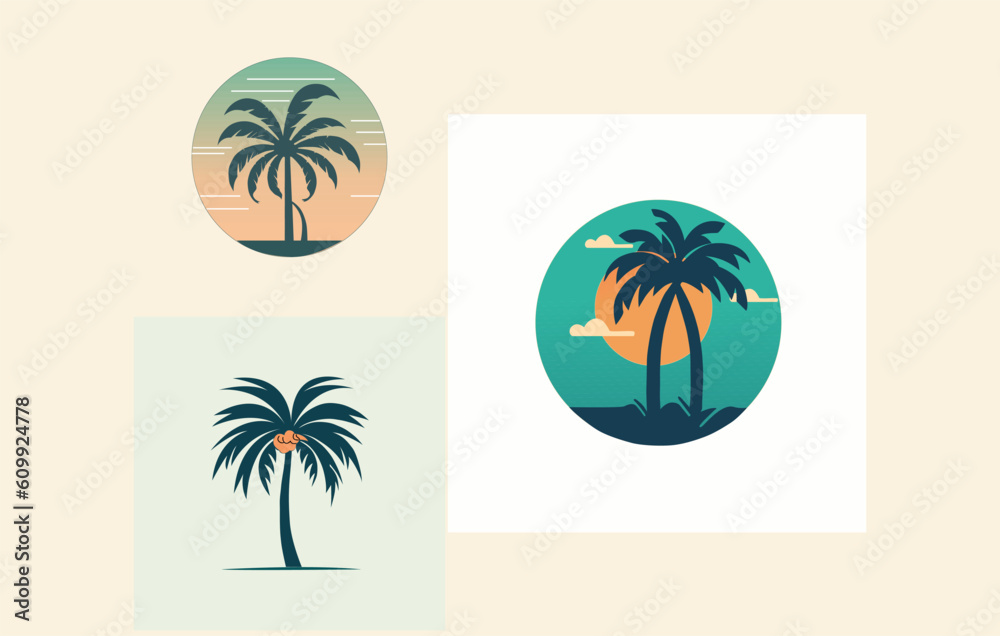 tropical plam tree icon flat,Vitamin Sea abstract lettering,plam tree and sunset gradient abstract
