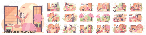 Daily routine of an asian woman set. Japanese housewife chores