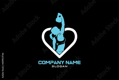 Fitness girl lifting dumbbell, biceps training, vector logo element for gym