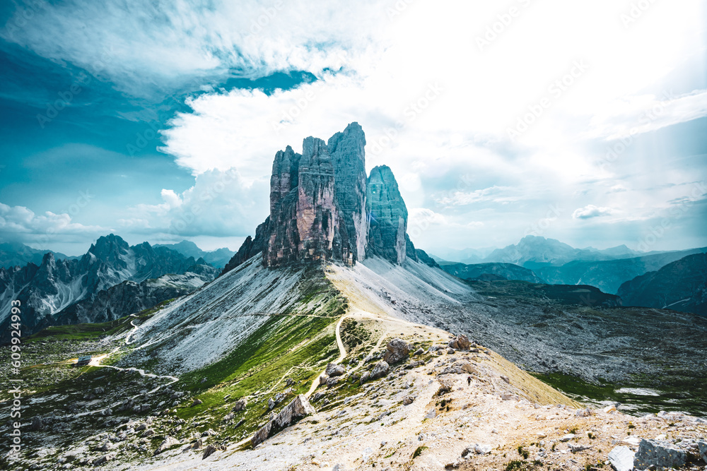 Scenic view on Tre Cime in the evening. Tre Cime, Dolomites, South Tirol, Italy, Europe.
