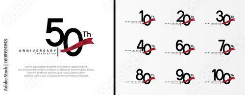 set of anniversary logo flat black color number and red ribbon on white background for celebration