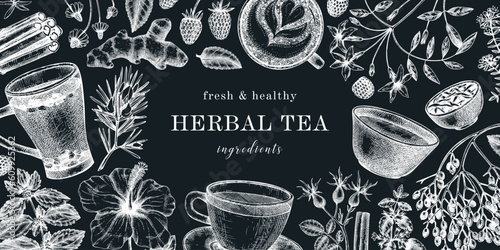Hand drawn tea drinks ingredients banner in color. Vector sketches of hot beverage cups, herbs, flowers, fruits vintage background. Herbal tea design for cafe or restaurant menu, banners, web.