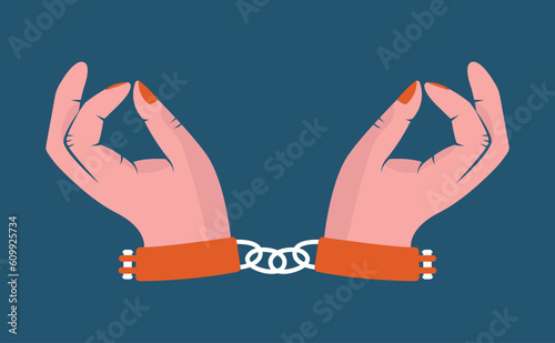 Female hands in shackles. Vector flat illustration. Clip art with woman's hands, handcuff. Vintage concept. 