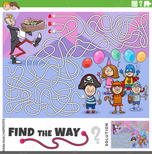 find the way maze game with cartoon children at costume party
