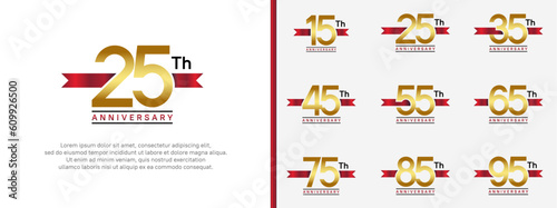 set of anniversary logo golden color number and red ribbon on white background for celebration