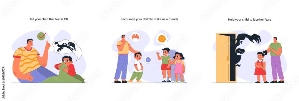 Modern positive parenting set. How to raise a brave child. Parents helping Modern positive parenting set. How to raise a brave child. Parents helping
