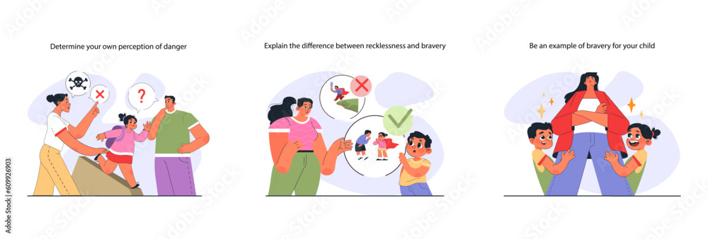 Modern positive parenting set. How to raise a brave child. Parents helping Modern positive parenting set. How to raise a brave child. Parents helping