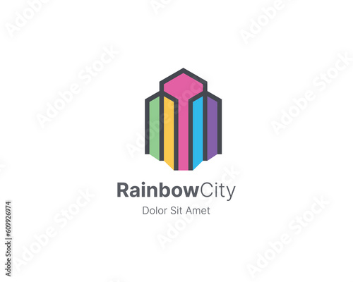 Rainbow city with creative line logo