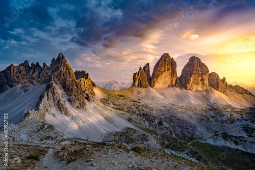 Epic view from Sextner Stein on Monte Paterno and Tre Cime mountain range in the evening. Tre Cime, Dolomites, South Tirol, Italy, Europe.
