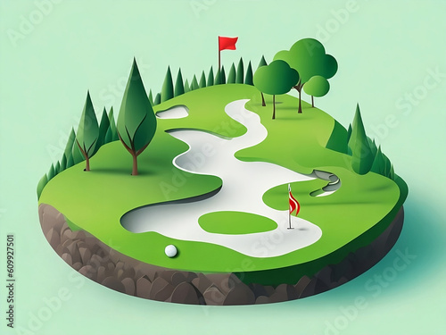 Illustration of a golf course with a golf ball. Created with generative AI technology.