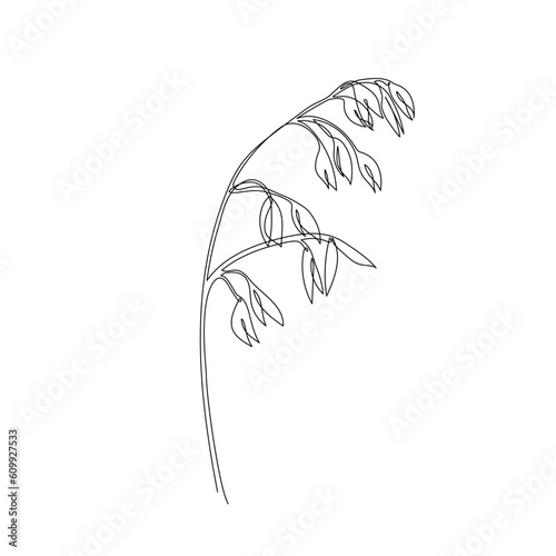 One continuous line drawing of oat grain ear. Single line drawing of ripe ear. Linear sketch of grain of oat, wheat, rice. Silhouette of oat ear. Modern design element for agriculture logo