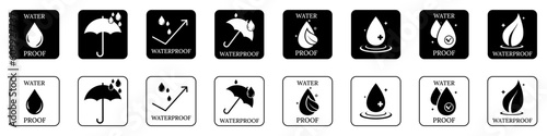 Water proof badges collection. Set of black water proof icons