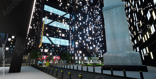 City center with skyscrapers and office buildings, metropolis lights flickering. Modern downtown space with towers and vehicles on street, tall design architecture. 3d render animation.