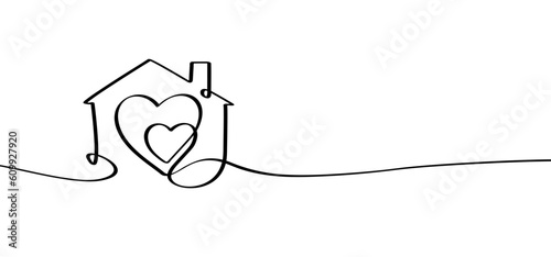 Cartoon love house line pattern. Home icon or symbol. One continuous line drawing. buildings or houses logo. Heart icon. Home sweet home