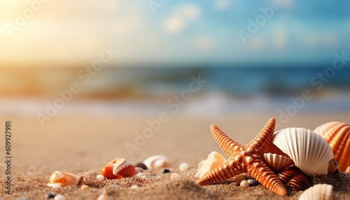 Beach back drop. Focus on Shells in foreground and blurred sea in background
