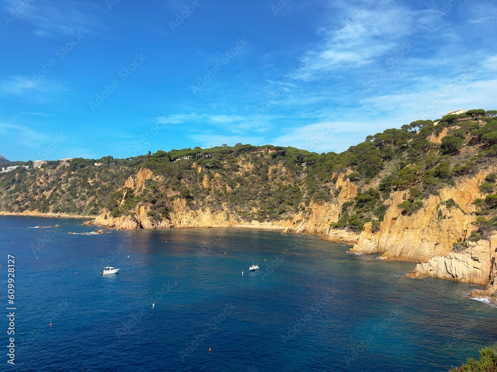 view of the typical landscape of Costa Brava with pines and cliffs at the sea that gives its name, 