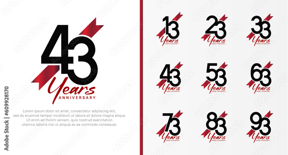 set of anniversary logo black color number and red ribbon on white background for celebration set of anniversary logo black color number and red ribbon on white background for celebration