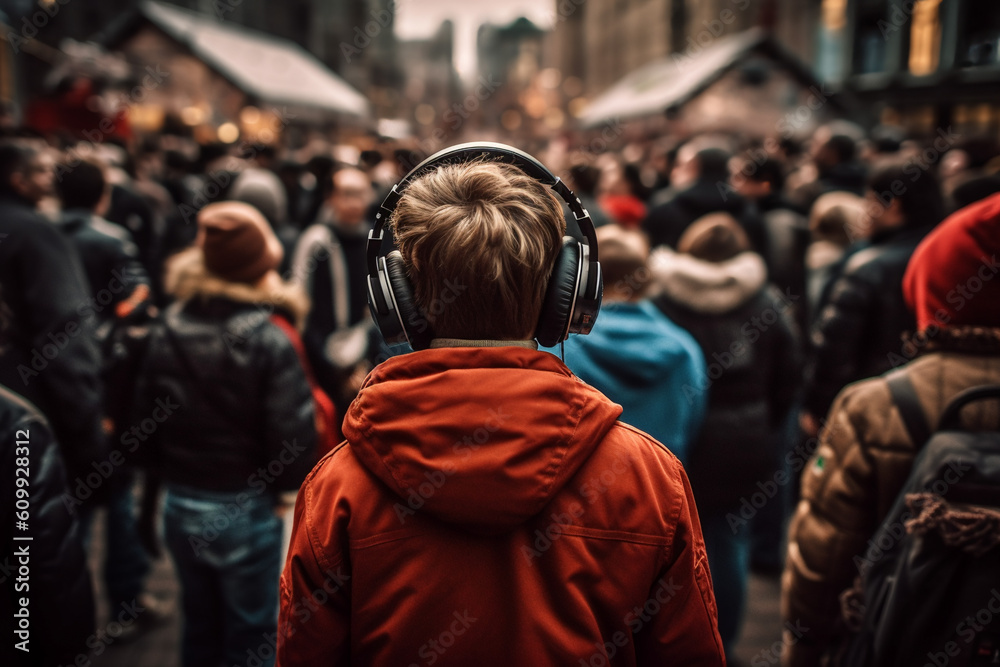 Boy on the autism spectrum wearing noise cancelling headphones from the back in a big crowd created with AI generative tools